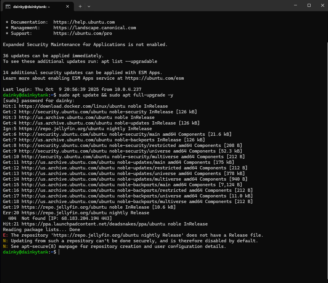 Terminal showing apt update and upgrade commands