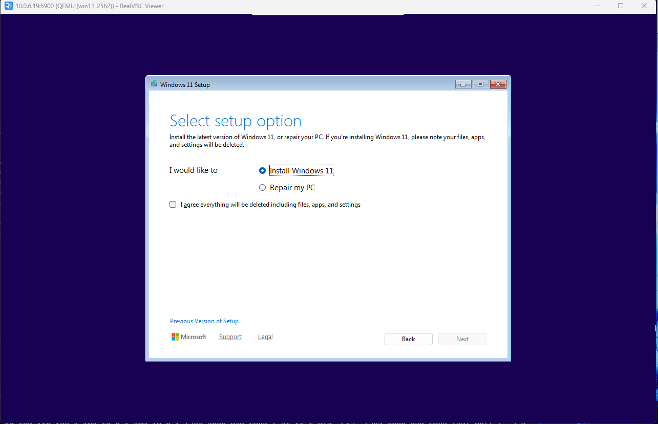 Windows 11 setup screen showing in RealVNC
