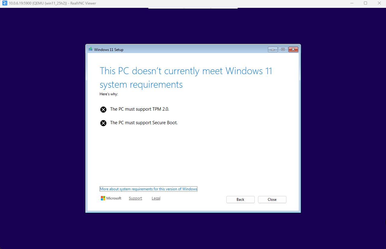 Windows 11 setup showing hardware requirements error
