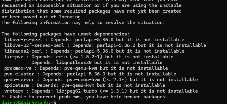 Terminal showing Proxmox compatibility issue