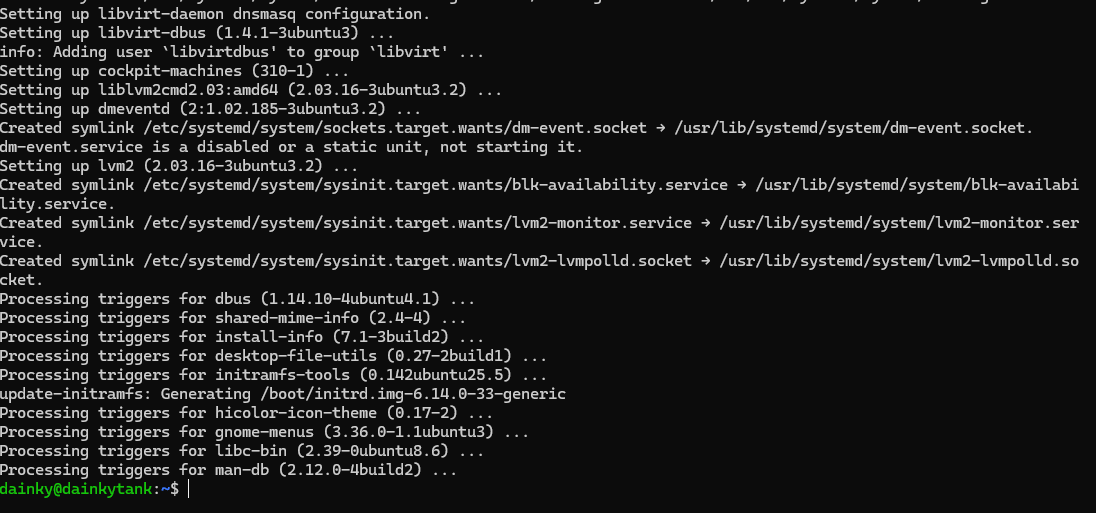 Terminal showing installation of cockpit and libvirt packages