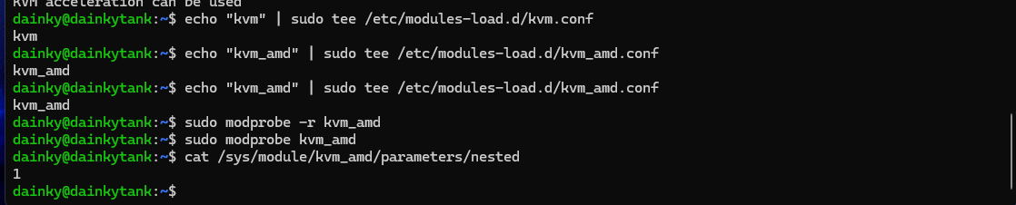 Terminal showing KVM configuration and kernel module check