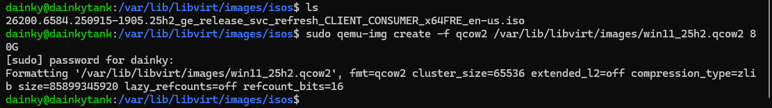 Terminal showing qemu-img create command