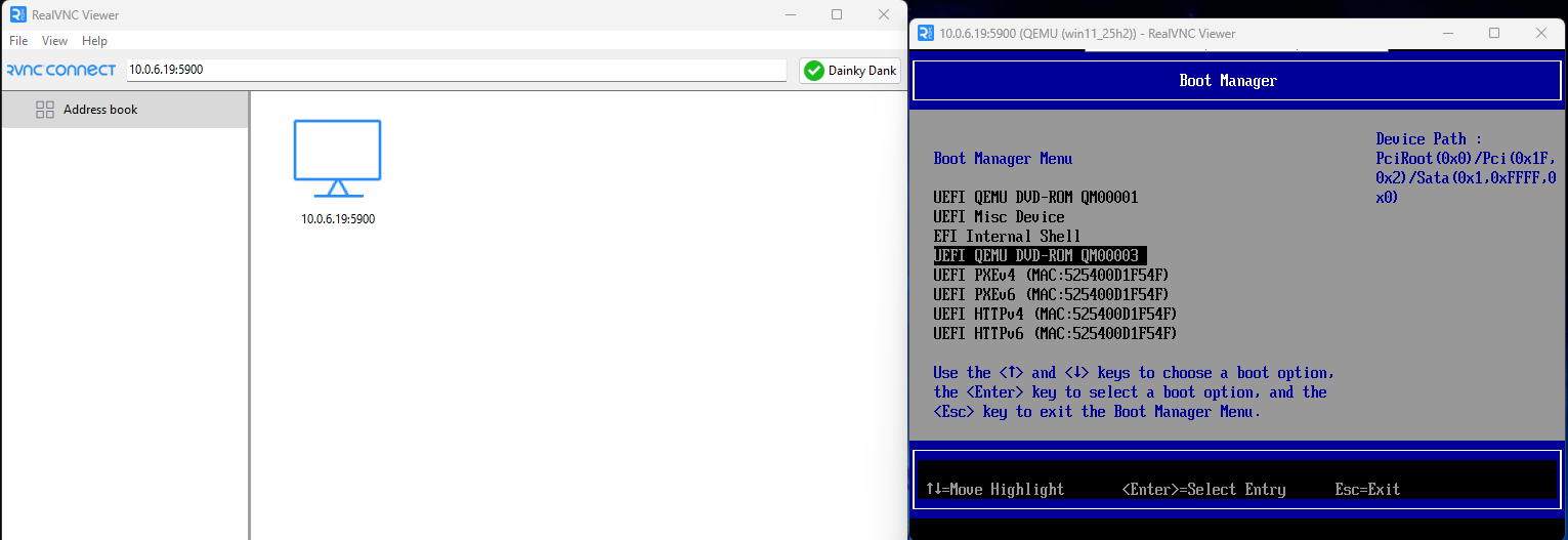 RealVNC window showing VM boot manager